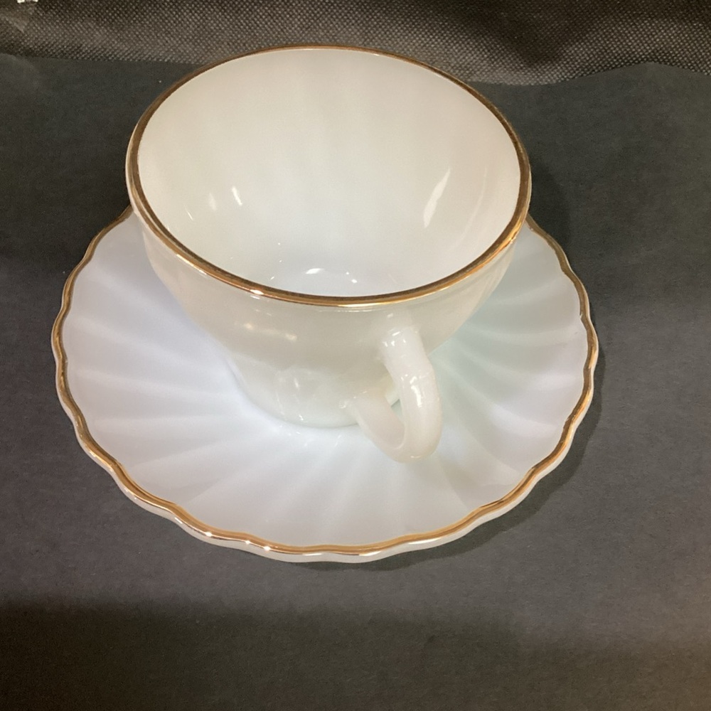 Vtg. Anchor Hocking Fire King Milk Glass Swirl Coffee Tea Cup Saucer